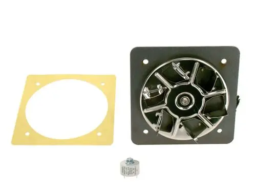 Bosch Abzugventilator mit runder Ventilatoraufsatz und Befestigungsplatte. Unteres Bauteil ist vermutlich ein Kondensator oder ähnliches Zubehör.